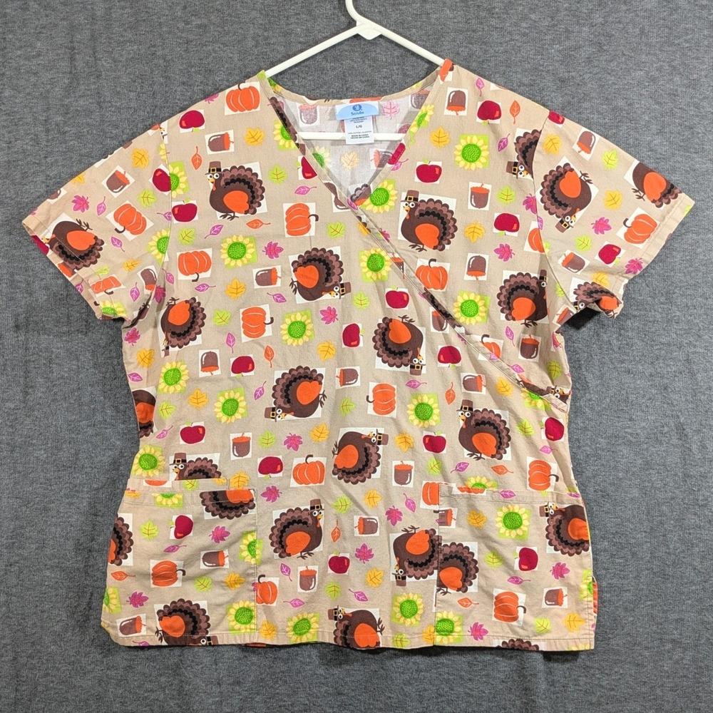 SB Scrubs Womens Scrub Top 100% Cotton Thanksgiving‎ Pilgrim Turkey Fall Size L